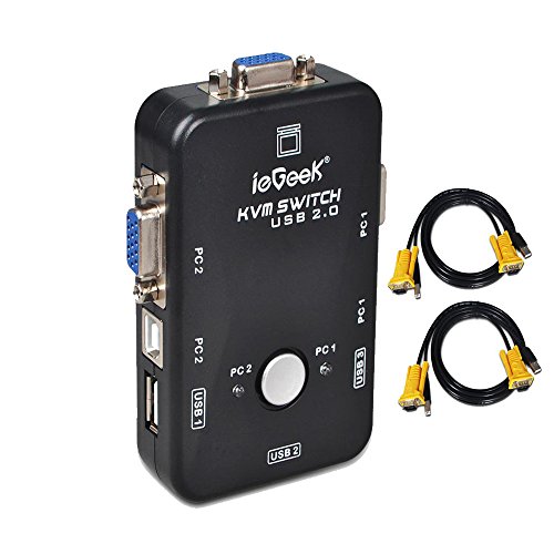 ieGeek KVM Umschalter 2 Port USB KVM Switch Box mit 2 VGA Kabel für PCs Maus Drucker und Tastatur - Schwarz