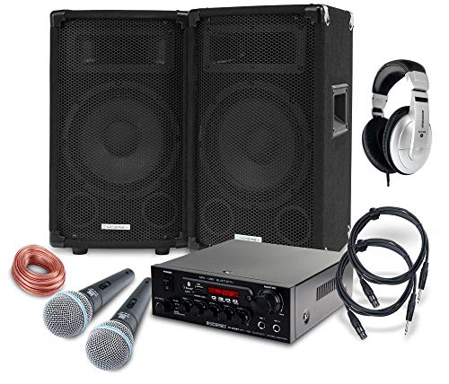 McGrey DJ Karaoke Komplettset PA Anlage Party-1000 (Lautsprecher, 2 x 300 Watt, Bluetooth-Endstufe, Verstärker, Lautsprecherkabel, Kopfhörer, Mikrofon, Klemme, Reduziergewinde, Etui, Mikrofonkabel)