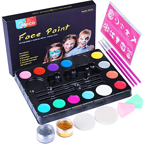 Kinderschminke Set, Professionelle Schminkfarben Sicher Kinder Gesichtsfarbe für empfindliche Haut, Schminkfarbe Kit Körperfarben Materialien 14 große waschbare Farben 30 Schablonen 3 Bürsten