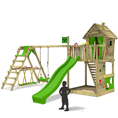 FATMOOSE Spielturm HappyHome Hot XXL Stelzenhaus Baumhaus Klettergerüst mit Schaukel, Surfanbau und Rutsche