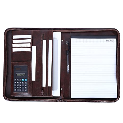 Leathario A4 Schreibmappe Dokumenten-Mappe Business-Notebook Konferenzmappe Reißverschluss inkl. Schreibblock KaffeBraun