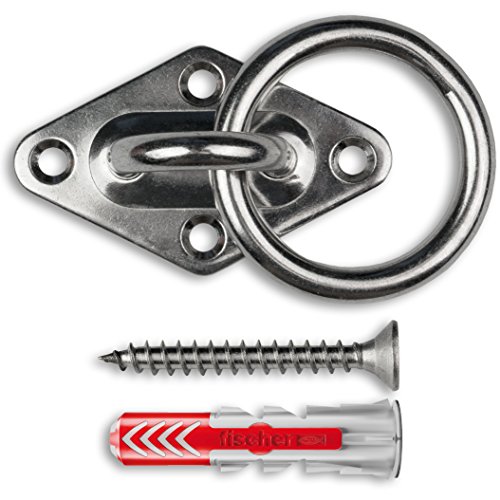 Edelstahl Halterung mit Edelstahl-Schrauben und Dübel - rostfrei - Augplatte mit Ring-Öse - für Sling-Trainer, Sonnensegel / Wand-Befestigung, Decken-Befestigung, Wand-Haken, Decken-Haken