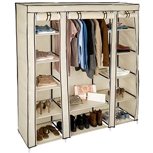 TecTake Kleiderschrank Stoffschrank Garderobe Faltschrank mit Kleiderstange & 12 Fächern | 150 x 175 x 45 cm | -diverse Farben- (Beige | Nr. 402527)