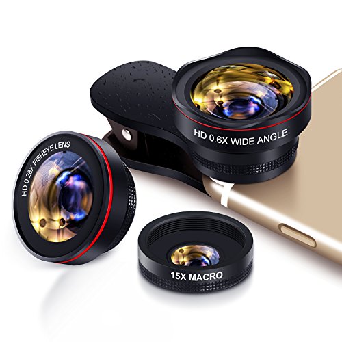 Handy Objektiv Set fisheye Lens - 3in1 Clip On Fischauge Kamera Adapter (0.28 X fisheye,0.6X 130° Weitwinkelobjektiv, 15X Makroobjektiv) for IOS & Android Smartphones