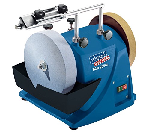 Scheppach 89490916 Nassschleifsystem / Schleifmaschine TIGER 2000S | + Edelkorund Schleifstein, Abziehpaste, Lederabziehscheibe / Winkellehre / Bruchsicherer Wassertank (120 W / 8,6 kg / 230 V)