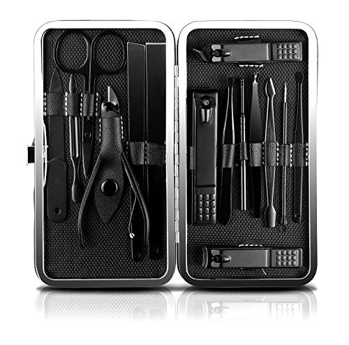 JamBer 15 in 1 Edelstahl Professionelle Maniküre Pediküre Set Nagelknipser Schere Grooming Kit, schwarz