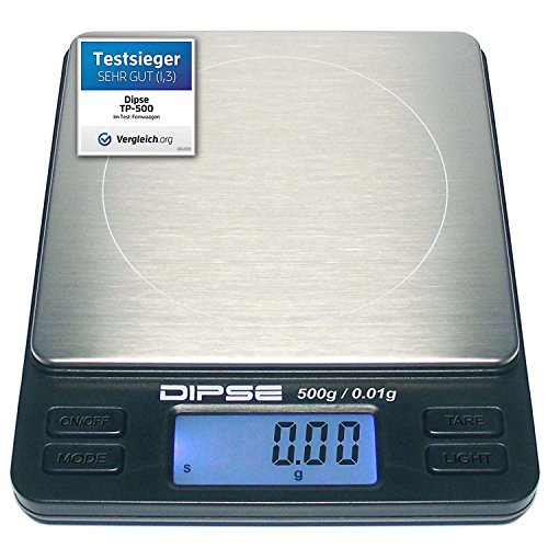 Digitalwaage TP-500 Feinwaage die in 0,01 g Schritten präzise bis 500g / 0,5kg wiegt, Taschenwaage, Feinwaage, Goldwaage mit extra-großer Wiegefläche