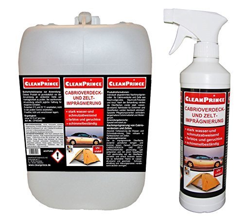 CleanPrince 2500 ml Cabrioverdeck- und Zelt-Imprägnierspray 2,5 Liter Cabrio Cabriolet Cabrioimprägnierung Cabrioletimprägnierung Convertible Weatherproofer Verdeck Auto Gewebe Imprägnierspray Zelt Zeltstoff Zeltimprägnierung Vorzelt Imprägniermittel Imprägnierung Textil Textilimprägnierung außen Außenbereich Zelt Stoff Zeltstoff Markisen Markise Naht Nahtdicht Nachimprägnierung Imprägnierer Verdeckimprägnierung Versiegelung farblos geruchlos schmutzabweisend UV-stabil Gewebeimprägnierung