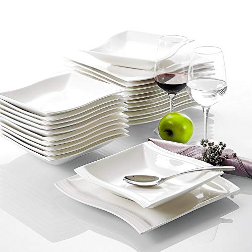 Malacasa, Serie Flora, Cremeweiß Porzellan Tafelservice 24 Teiligen Set Kombiservice Geschirrset mit je 12 Speiseteller und 12 Suppenteller für 12 Personen