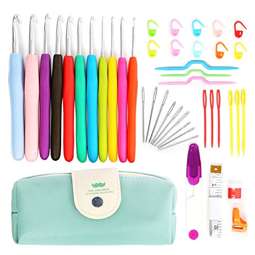 Norjews Häkelnadel Set 44 Stück, 11 Bunte Ergonomische weich Gummi Komfort Griff Häkeln Stricken Nadeln mit 33 Stricknadeln Zubehöre und Tasche - Bestes Geschenk