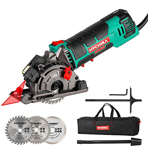 Mini Kreissäge, HYCHIKA Handkreissäge mit 3 Sägeblättern, Laserführung, Skalenlineal, 500W Motor aus reinem Kupfer, 4500RPM, Ideal für Holz-, Weichmetall-, Fliesen- und Kunststoffschnitte