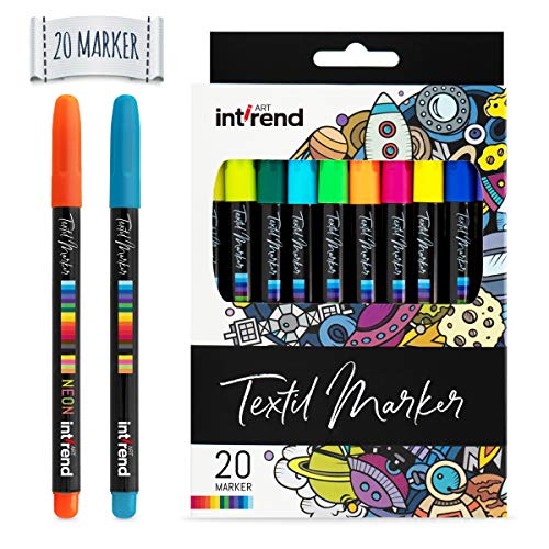 int!rend Textilmarker I 20 Stoffmalstifte Bunt, waschmaschinenfest - für Textilien, Schuhe, T-Shirts und Taschen inkl. 4 Neon UV Fabric Pens