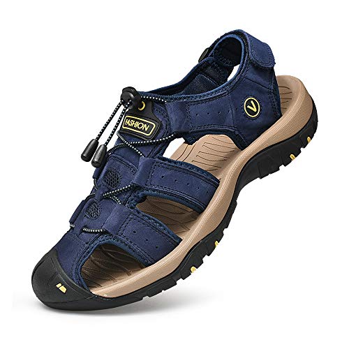 Sandalen Herren Leder Trekkingsandalen Outdoorschuhe Sommer Sport Freizeitschuhe Wanderschuhe Männer Sport-Outdoor Wasser Fischer Atmungsaktive Sandale Größe 38-48, Blau, 43 EU