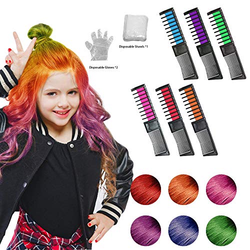 Haarkreide, Temporär Haarfarbe Kreide Kamm 6 Stück, Mini Instant Einmalige Haare Kreide Kamm Ungiftig Haarfarbe mit Handschuhe und Schal für Kinder Haarfärbemittel, Party und Cosplay DIY