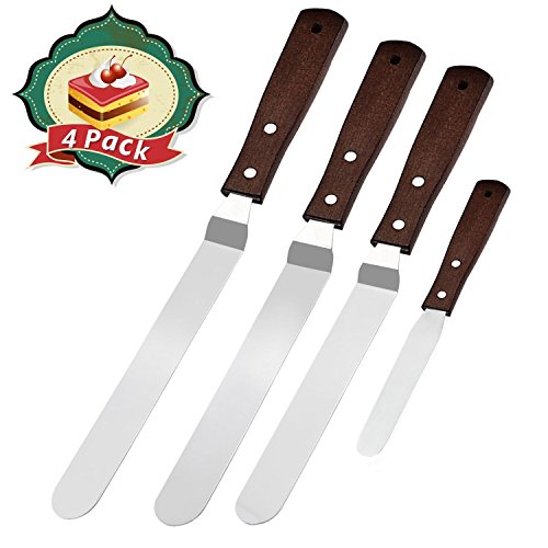 WisFox 4 Winkelpalette Set Edelstahl Winkelpaletten Streich-Palette Edelstahl Tortenmesser mit Holzgriff, 10/15/20/25 CM Icing Spatula Set Tortenheber für Fondant,Torte Backen DIY und Kuchen Dekoriere