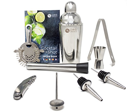 10-teiliges & professionelles Cocktail Set und Bar Set + Cocktailbuch – mit Shaker / Mixer, Barstößel, Messbecher, Barlöffel, Korkenzieher, Sieb, Zange & 2 Ausgießer