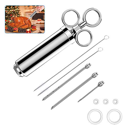 BBQ Bratenspritze, Vegene Mehrweg 60ml 3 Nadeln 2 Reinigungsbürsten in Edelstahl 304 für Marinadenspritze Gewürzspritze BBQ Fleisch Rind Huhn Gebäck mit Marmelade FDA Zertifizierung