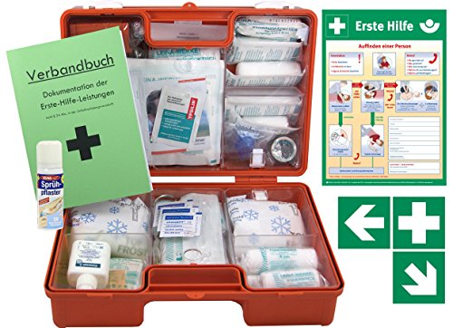 Erste-Hilfe-Koffer M5 PLUS für Betriebe DIN/EN 13157 Stand 2017 - Komplett-Paket incl. Notfall-Beatmungshilfe + Hände-Antisept-Spray + Verbandbuch + Aushang 1.Hilfe + Sprühpflaster