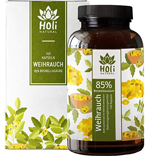 Holi Natural Weihrauch-Kapseln (Boswellia Serrata). 140 Kapseln. Hochdosiert. 500mg pro Kapsel. 85% Boswellia-Säure. Echtes Indisches Weihrauchextrakt. Vegan. Premium Qualität. Ohne Zusätze.