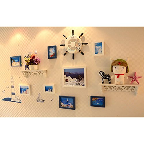 LLF Foto Wand Fotorahmen Collage Foto Wand Bilderrahmen Kombination Wände Fotowände Wohnzimmer Dekorationen Hängerahmen Wandspeicher mit Lagerregalen (Color : Blue+White)