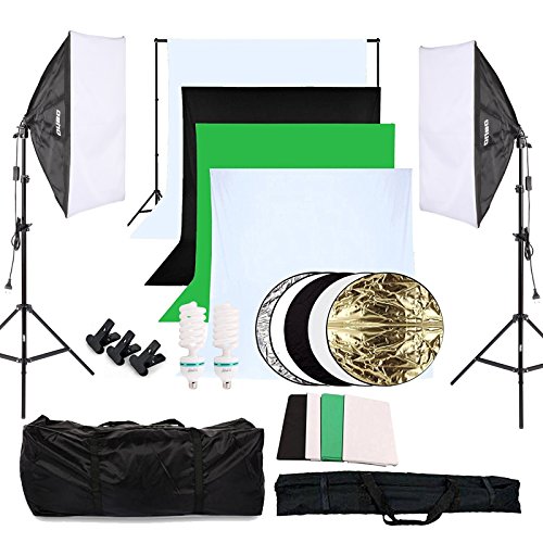 OUBO Profi Fotostudio Set 4X Hintergrundstoff (schwarz, 2x weiß, grün) Softbox Studioleuchte Studiosets Hintergrund Fotoleinwand inkl. 5in1 Reflektor 60cm Stativ Studio Lampen Schutztasche