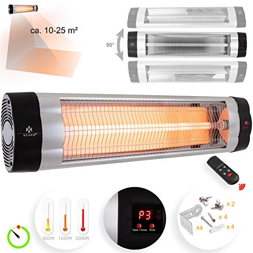 Kesser Infrarotstrahler 2500 Watt Heizstrahler Terrassenstrahler Infrarot Quarzstrahler Wärmestrahler mit Fernbedienung Wandhalterung Wand-Heizstrahler Silber