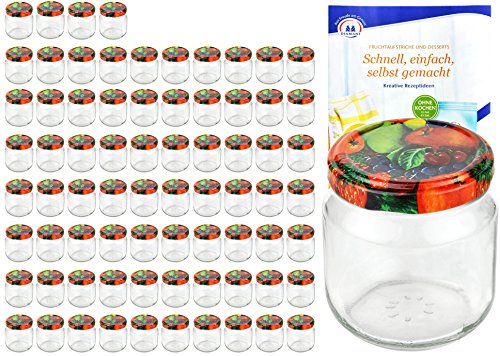 MamboCat 75er Set Rundgläser 212 ml Nieder Deckelfarbe Obst Dekor to 66 inkl. Diamant Gelierzauber Rezeptheft, Marmeladengläser, Einmachgläser, Einweckgläser, Gläser