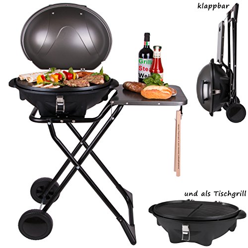 TZS First Austria - elektrischer Standgrill in 3 min heiß, Kugelgrill, Tischgrill, Standgrill mit Deckel, Ablagefläche, elektro outdoor Grill mit Haube Elektrogrill mit Standfuss | klappbar mit Rollen