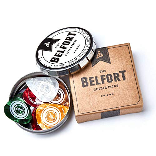 Belfort 16 hochwertige Plektren für Gitarre in edler Box  Gitarren Plektrum aus extrem robustem Celluloid  4 verschiedene Stärken: 0.46-1.20mm | BONUS: Gratis Ebook