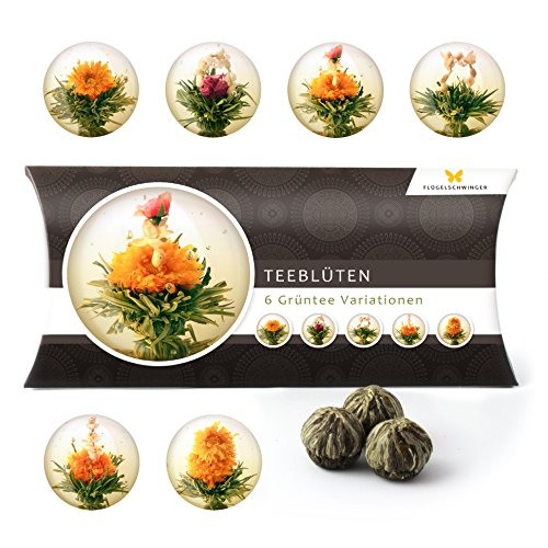 6 Teeblumen Geschenk-Box - Grüntee Variationen, Originelle Geschenk-Idee zu Weihnachten, zum Geburtstag oder als kleine Aufmerksamkeit, Teeblüten