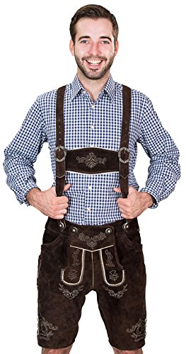 Bayerische Herren Trachten Lederhose Kurz, Trachtenlederhose mit Trägern, Original in Dunkelbraun, Oktoberfest, Größe 48