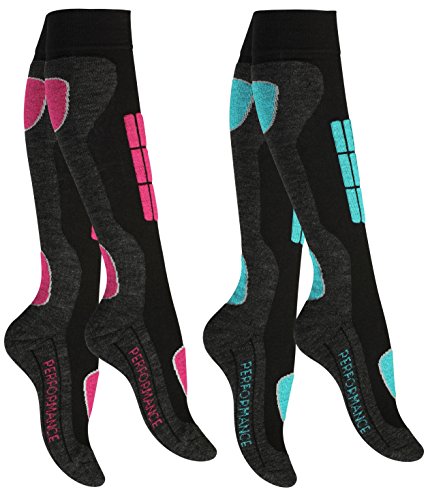 2 Paar Original VCA SKI Funktionssocken, Wintersport Socken mit Spezial Polsterung,Gr.-39/42,Pink/Turquoise
