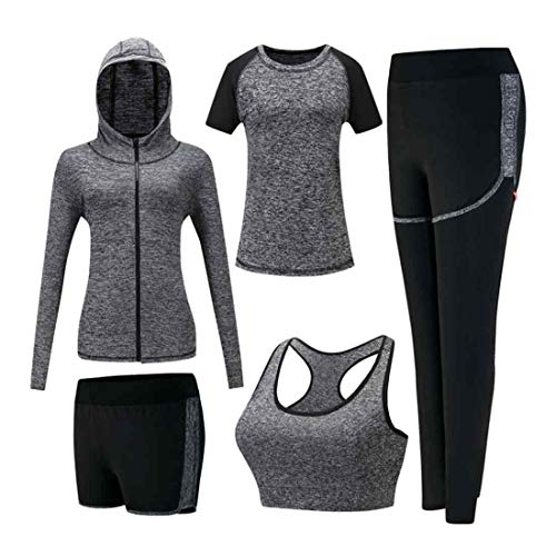 Inlefen Damen Trainingsanzug-Sets Sportanzug-Set weich Schnelltrocknend Laufen Joggen Gym Workout Trainingsanzug 5-teiliges Set Damen Sportbekleidung-Sets Yoga-Bekleidung Grau XL