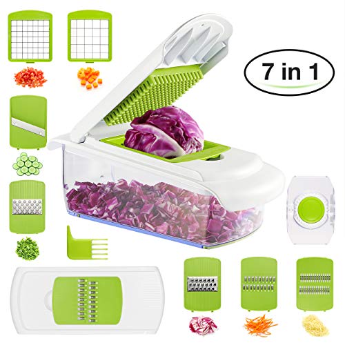 BHY Gemüseschneider, 7 in 1 Gemüsehobel, Multischneider Küche Kartoffelschneider, Reibe und Hobel für Obst Gemüse Schneidemaschine mit Würfeln, Scheiben, Reiben, Slicer aus Edelstahl