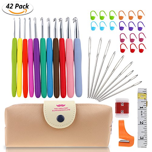 42 Stück Häkelnadeln Set, Gifort Häkelnadel Set Häkelhaken mit Bunte Ergonomische weich Gummi Komfort Griff Häkeln Stricken Nadeln---2-8mm, Bestes Geschenk für Mama