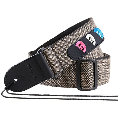 NEUMA Vintage Gitarrengurt, Professioneller Gitarrengurt Baumwolle und Echtes Leder , Integrierte Pick-Tasche, Picks Inklusive, Ideal für Elektrische Akustische Bassgitarre und Ukulele, (braun)
