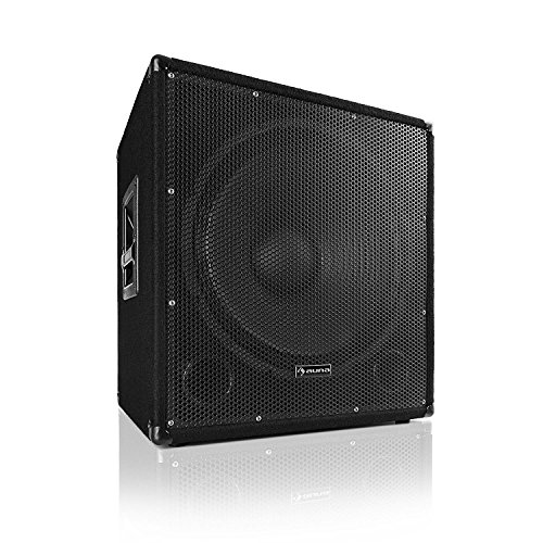 auna Sub 18A • Aktiver PA Subwoofer • 1000 Watt Ausgangsleistung • 18' (46 cm) • 8 Ohm • Bi-Amping Technologie • Echo-Effekt • MDF-Gehäuse mit Teppichbezug • Integrierter Flansch-Anschluss • Schwarz