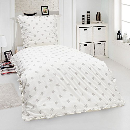 Dreamhome24 Renforcé Bettwäsche Rüschen 135x200 Landhaus Uni Farben Reißverschluß Romantik, Farbe:Sterne-Weiss