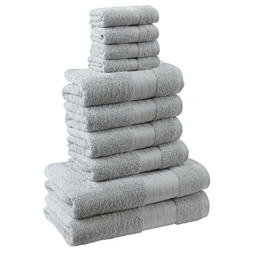 Dreamscene Luxus 100% ägyptische Baumwolle 10-teiliges Badezimmer Handtuch Bale Face Bath Hand Geschenk Set, silber grau, 10-tlg.