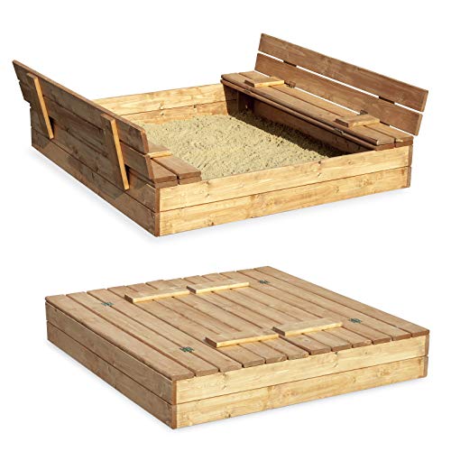 Sandkasten Sandbox Sandkiste mit Klappdeckel Sitzbänken 120x120 Kiefernholz