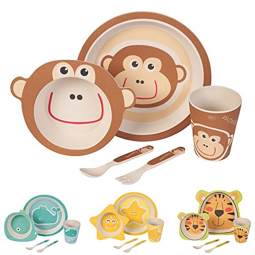 BIOZOYG Kinder Geschirr Set aus Bambus 5 teilig I Kindergeschirr Set bpa frei I Tafelservice aus Kinderbesteck Müslischale Trinkbecher Kinderteller I Recycling Natur Material