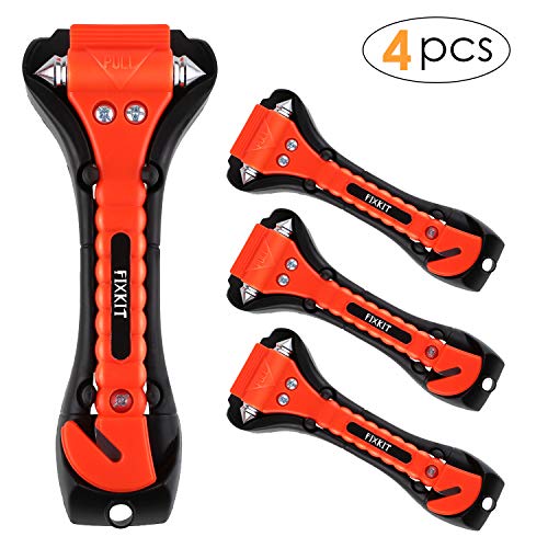 FIXKIT 4 X Auto Hammer Fenster Nothammer Notfallhammer Auto Sicherheitshammer mit Bus-orange mit Zwei schwarz Halterung