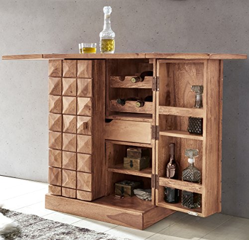 FineBuy Hausbar Massivholz Akazie Weinbar ausklappbar Vitrine Landhausstil Barschrank Aufbewahrung Flaschen und Gläser Weinschrank Natur-Produkt Getränkeschrank freistehend braun Echt-Holz Minibar