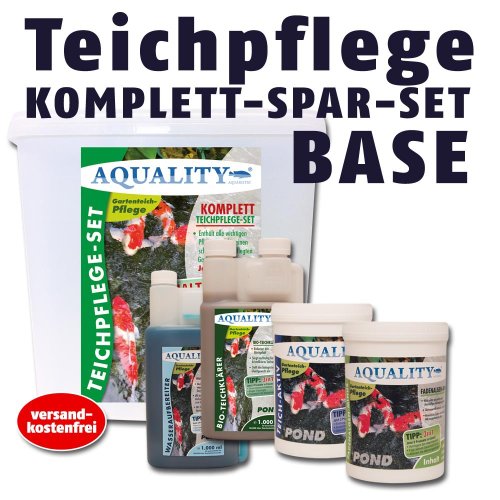 AQUALITY Komplett Teichpflege-Set BASE (GRATIS Lieferung innerhalb Deutschlands - Perfekte Pflege für Ihren Gartenteich. Wasseraufbereiter, Teichklärer, Teich-Aktiv und Fadenalgenvernichter im Spar-Set + GRATIS Filtervlies)