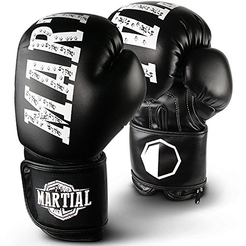 MARTIAL Boxhandschuhe aus Profi Material für lange Haltbarkeit! Kickboxhandschuhe für Kampfsport, MMA, Sparring und Boxen mit optimaler Schlagdämpfung. Handschuhe mit hohem Tragekomfort inkl Beutel! (14oz, Schwarz)