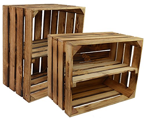 2 Set CHICCIE Neue Vintage Holzkiste mit Ablage vom Werk (Quer und Längst) - Gebrannt Geflammt - Obstkiste - Weinkiste - Natur Used Look