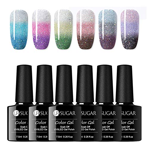 UR SUGAR 7.5ml Nagellack Gel Gellack Set, Farbwechsel Thermo Gel Gellack Ablösbarer Temperatur Chamaeleon Glitter Nägel Gellack 6 Flaschen