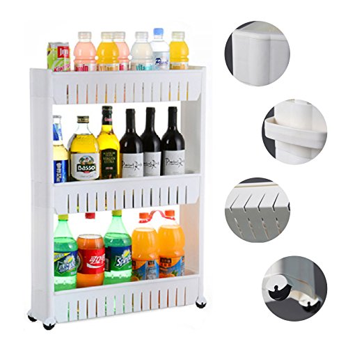 MultiWare 3 Fächer Nischenregal Nischenschrank Nischenwagen Schmal Küchenschrank Weiß Küchenregal Ordnungswagen für Badezimmer Küche Esszimmer usw.