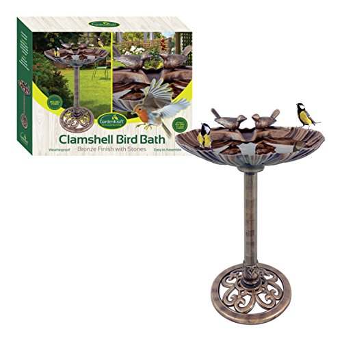 GardenKraft 23940 Plastic Bronze Metal Effect Clam Shell Design Bird Bath with Stones