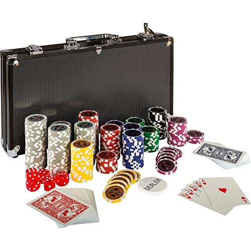 Ultimate Black Edition Pokerset, 300 hochwertige 12 Gramm METALLKERN Laserchips, 100% PLASTIKKARTEN, 2x Pokerdecks, Alu Pokerkoffer, 5x Würfel, 1x Dealer Button, Poker, Set, Pokerchips, Koffer, Jetons